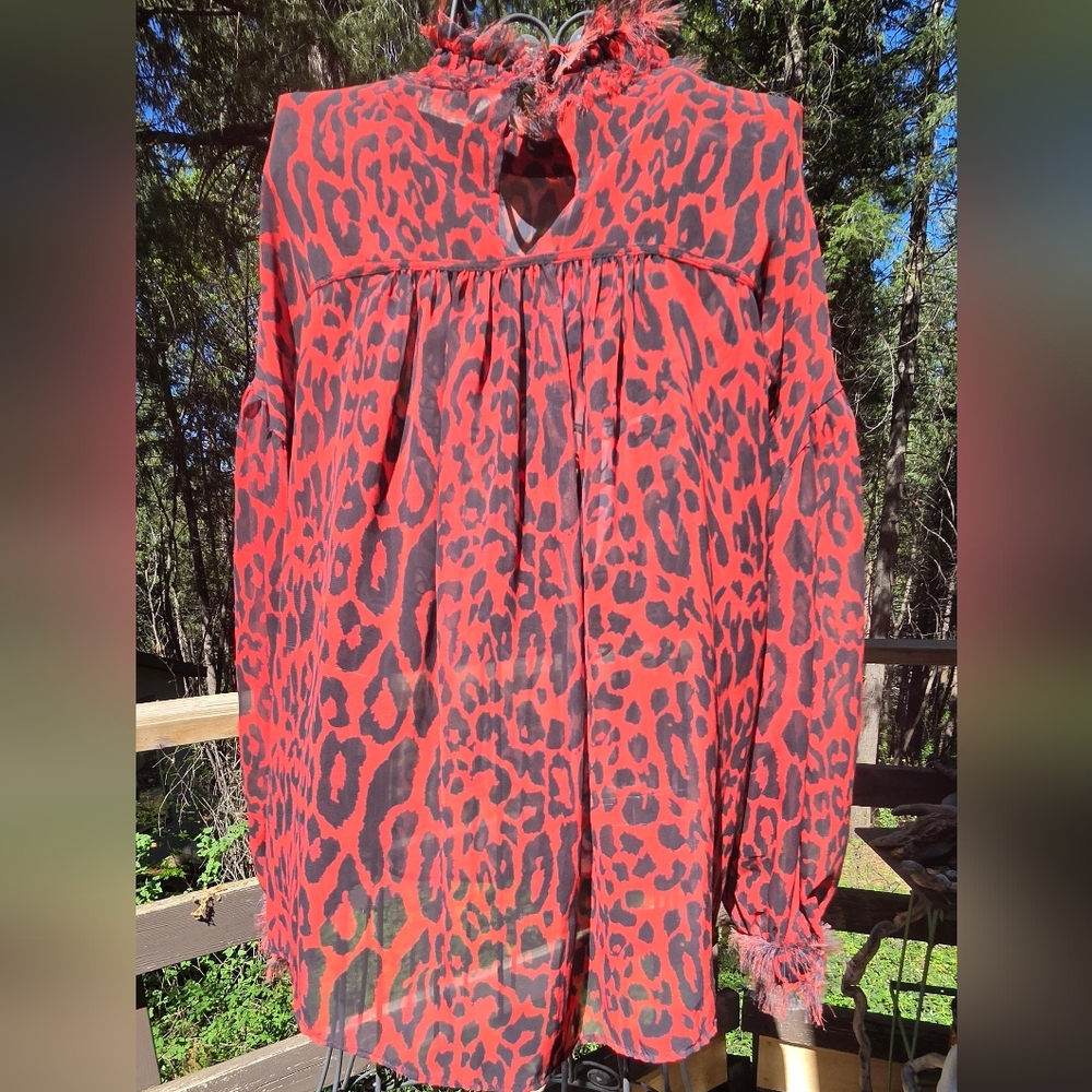 Zara 1975 Jeans Collection Red&Black Leopard Print Sheer Long Sleeve Blouse SzM - Picture 7 of 10